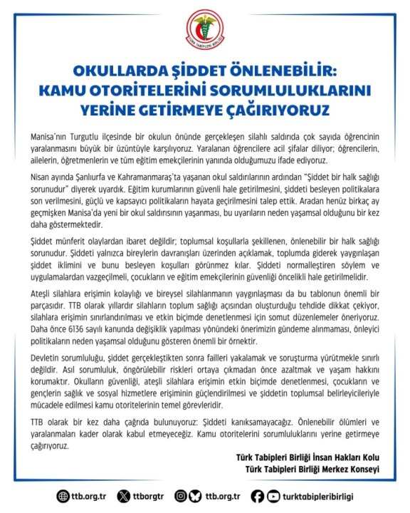 Manisa'daki Silahlı Saldırı Sonrası TTB'den Acil Çağrı: Okullarda Şiddete Karşı Önleyici Tedbir Alın - Detay Görsel 2