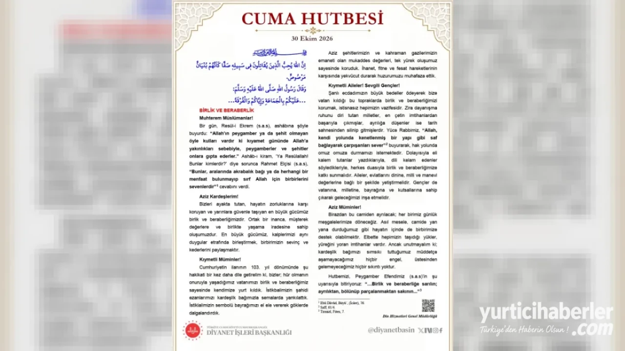 Diyanet İşleri Başkanlığı’ndan Cuma Hutbesi: Birlik ve Beraberlik Vurgusu